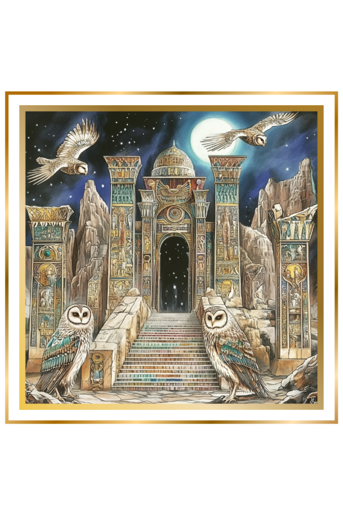 Owls guard the entrance to the Seven Gates of the Underworld, with intricate carvings leading to Ganzir, Ereshkigal’s palace.