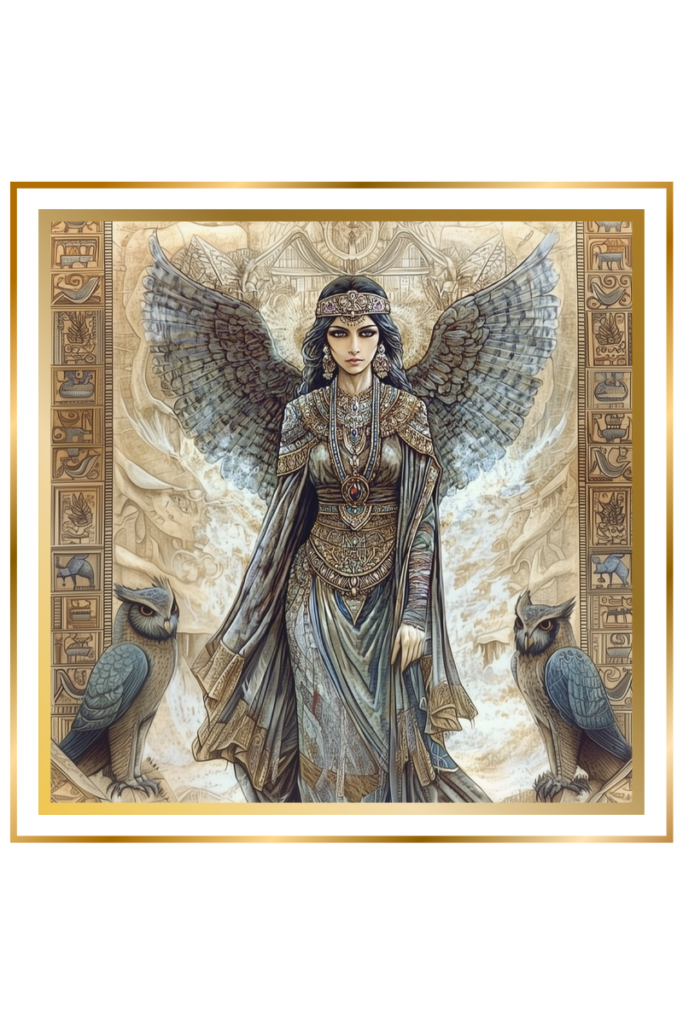 Ereshkigal Sumerian Goddess, Queen of the Dead, with dark wings and owls, standing before a portal to the underworld.