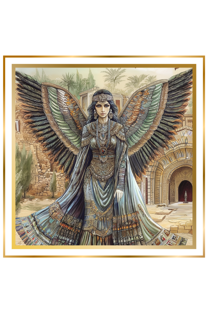 Ereshkigal Sumerian goddess, Queen of the Mesopotamian underworld, with dark wings and regal attire, standing before a portal to the underworld.