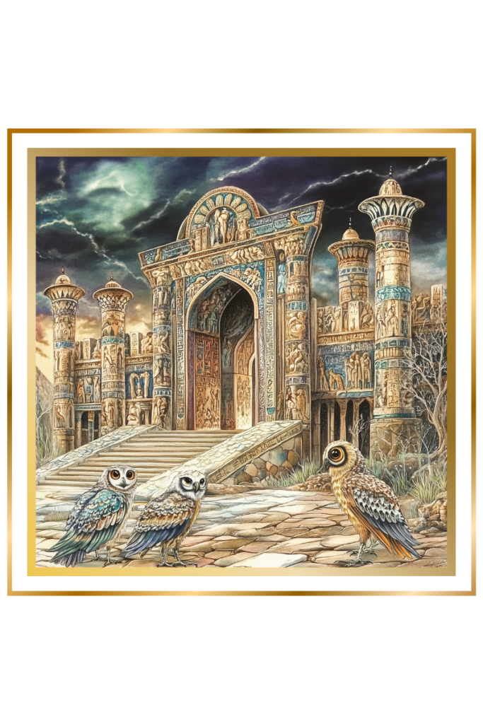 Owls stand before the grand entrance to Ganzir, Ereshkigal’s palace, with intricate carvings and towering pillars