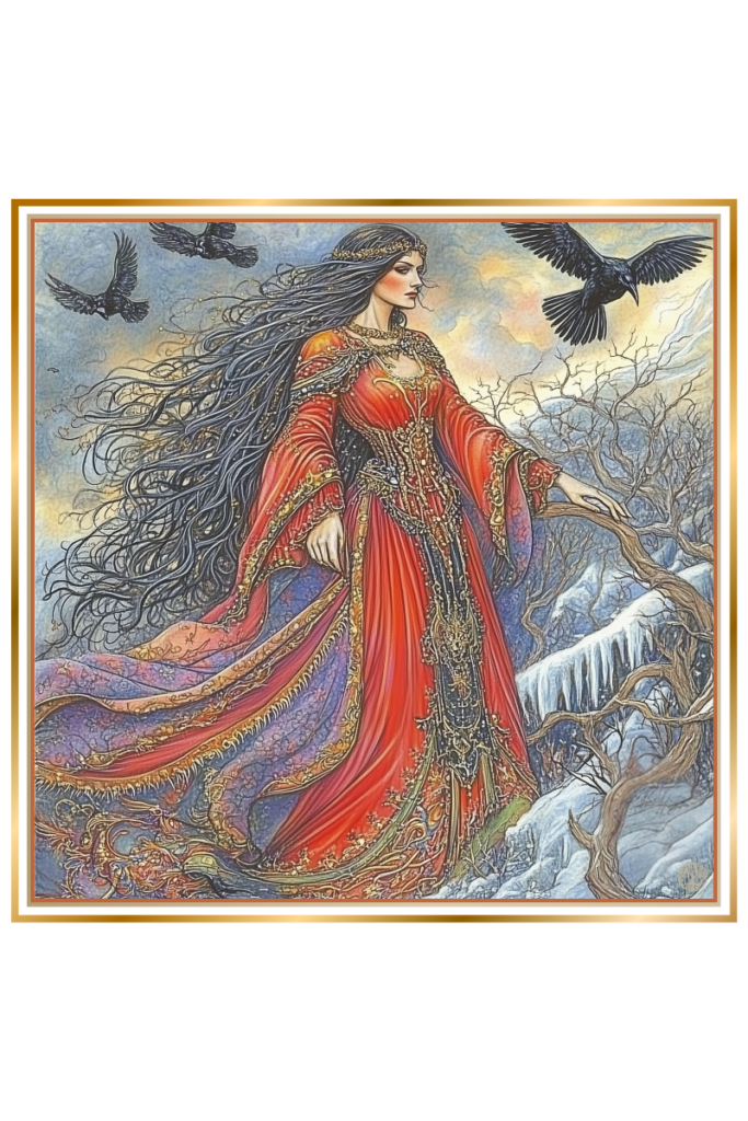 Morana, Slavic goddess of death, stands in a flowing red gown, with black birds circling against a barren, wintry landscape.