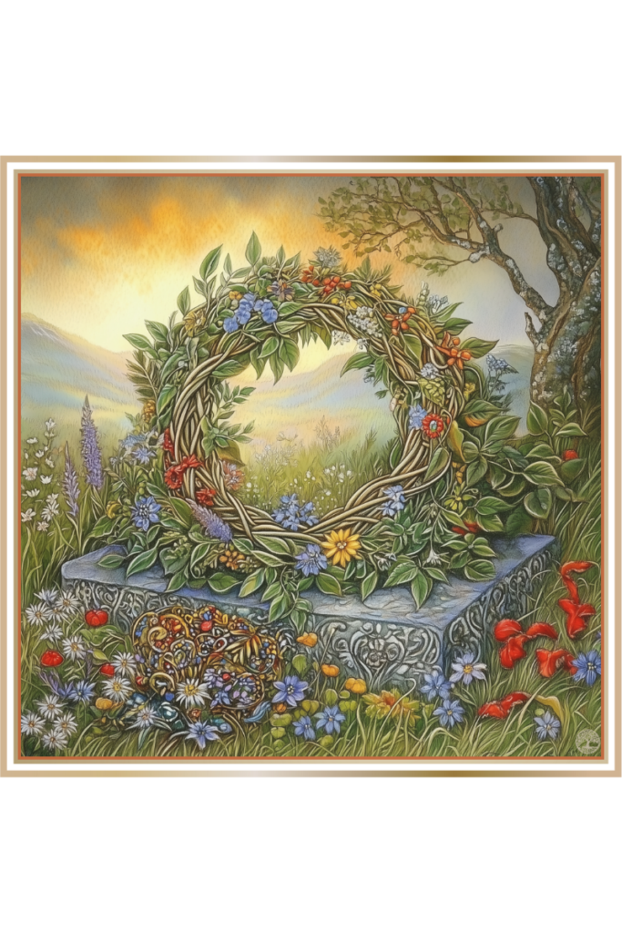 A green wreath made of leaves and flowers rests on a stone altar surrounded by blooming wildflowers in a peaceful meadow at sunrise.