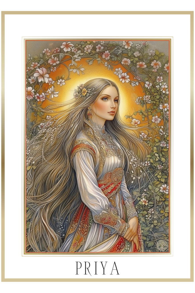 Serene depiction of Priya, the Slavic goddess of love and fertility, surrounded by blooming flowers and golden sunlight.