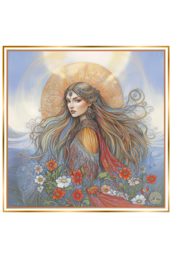 Artistic representation of Priya, the Slavic goddess of spring and fertility, surrounded by flowers, a warm sun, and clouds.