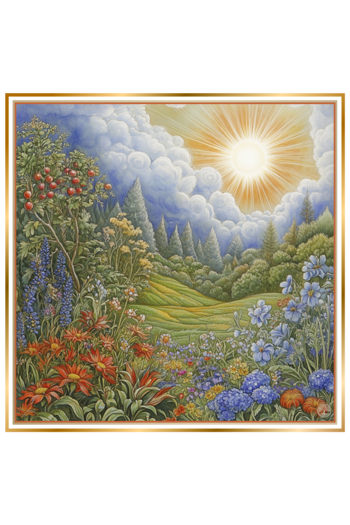 A vibrant landscape with a bright sun, fruitful clouds, and blooming flowers, symbolizing spring and fertility.