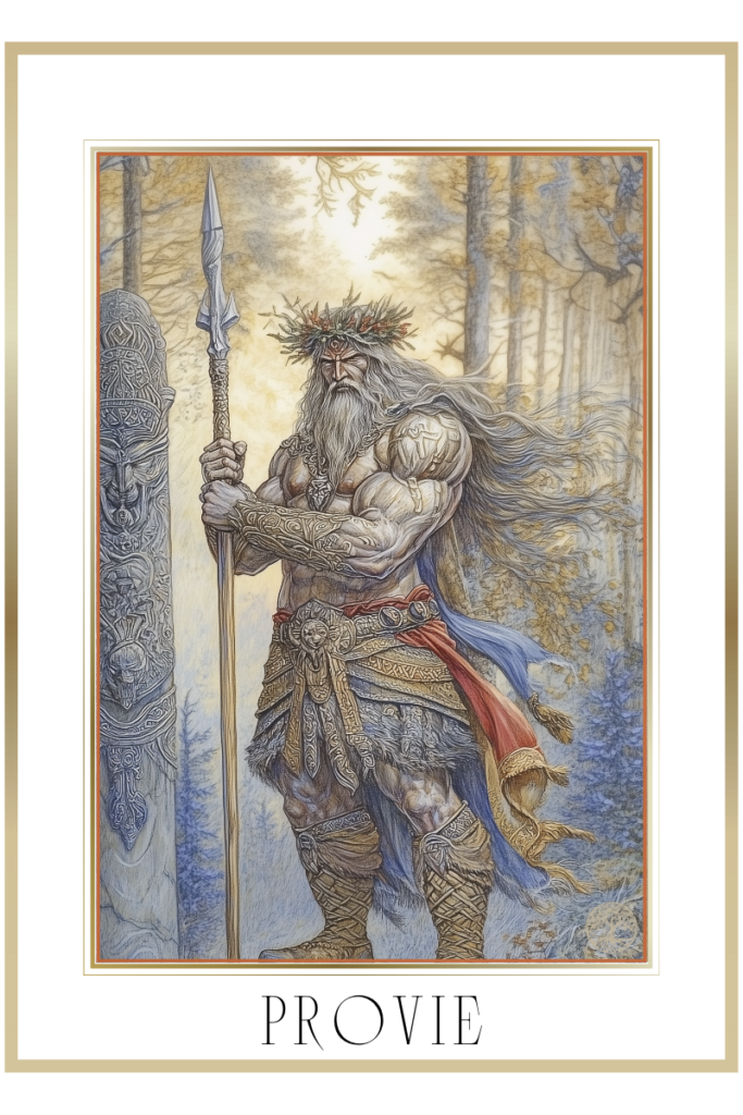 Provie, the Slavic god of justice, standing on a stone pillar in a dense forest, holding a spear with a flag. He wears a wreath with large ears protruding and traditional attire, including boots with bells.