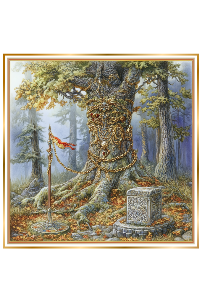 Ancient oak tree wrapped in golden chains with a spear, flag, and stone pedestal in a misty forest, representing the realm of Prav, associated with Provie.