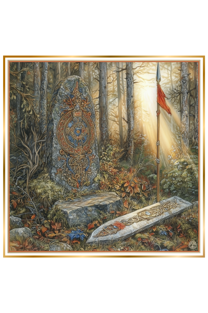 Broken plowstone on a stone altar with a spear and red flag in a sunlit oak forest, symbolizing the justice of the Slavic god Provie.