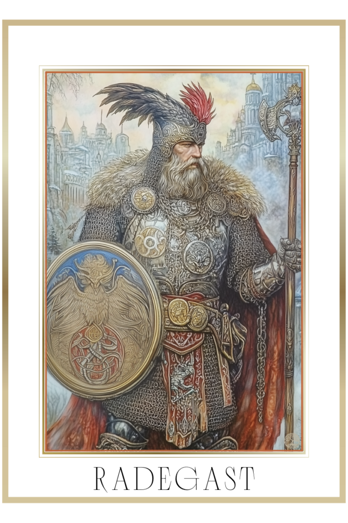 Radegast, the protector of cities, stands tall in armor with a spear and shield, wearing a helmet adorned with a rooster, against a backdrop of a misty, ancient Slavic city.