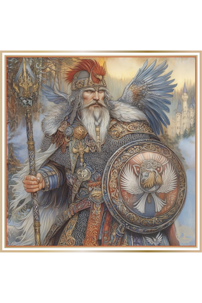 Radegast, the protector of cities in Slavic mythology, stands tall in chainmail with a rooster-adorned helmet, holding a spear and a shield depicting a bull's head, against a misty forest and ancient cityscape.