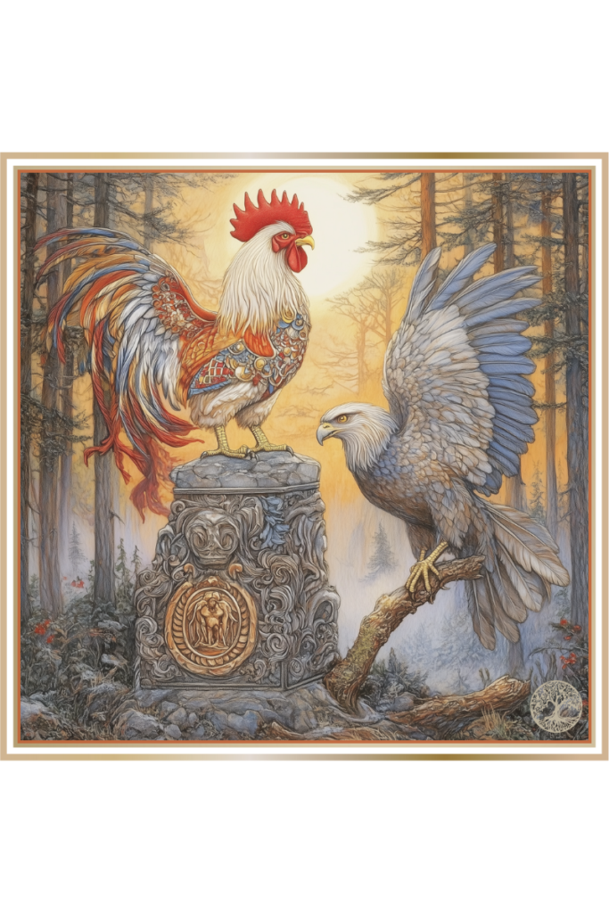 A majestic rooster and an eagle, symbolic animals of Radegast, in a misty forest at dawn, with the rooster standing on a stone pedestal and the eagle perched nearby.