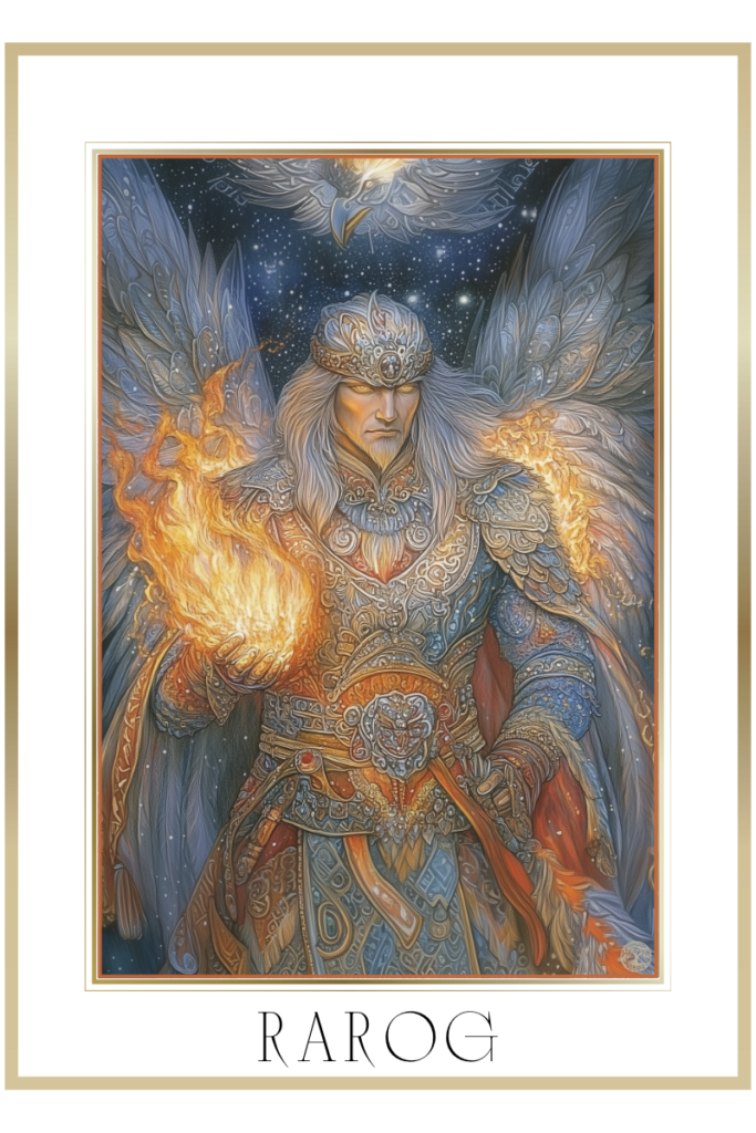 Rarog, the Slavic fire deity, in a humanoid falcon form with fiery wings, glowing armor, and a radiant flame in hand, set against a dark, starry sky.