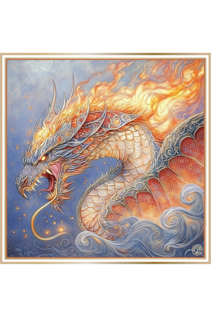 Fiery serpentine dragon representing Rarog, with glowing scales, blazing eyes, and flames swirling through a twilight sky.