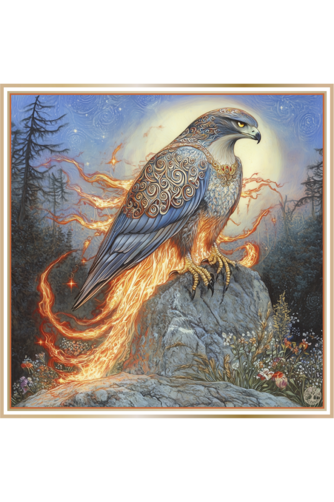 Ethereal falcon with flaming feathers perched on a rock, representing the Slavic fire spirit Rarog, glowing against a twilight sky.