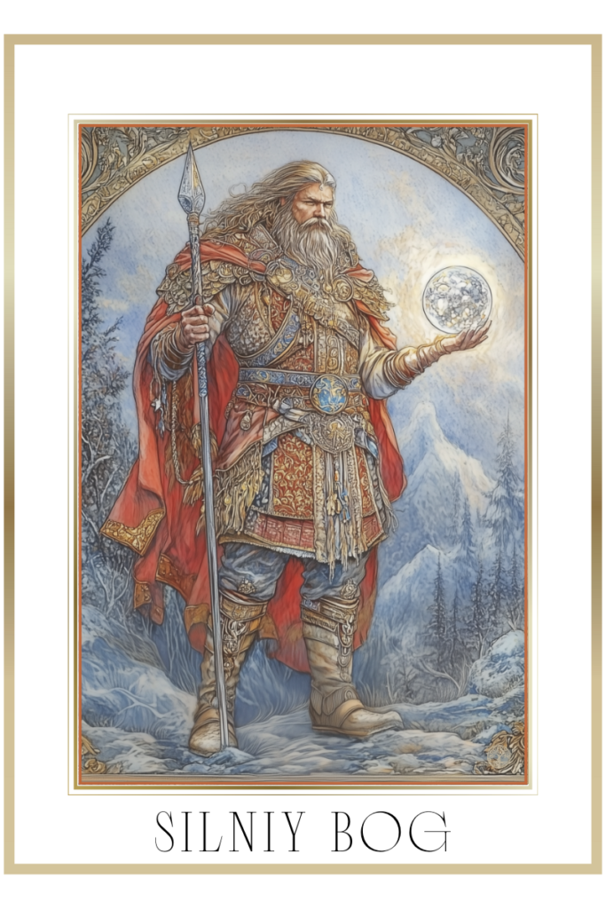 Silniy Bog standing tall, holding a spear and glowing silver sphere, with lion and human heads beneath his feet.