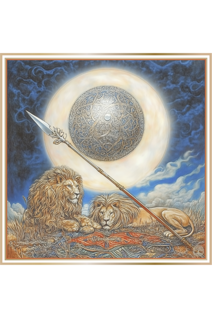 Symbolic representation of Silniy Bog with a silver sphere, spear, and lion heads beneath.