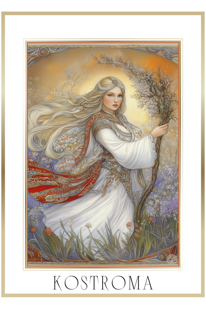 Mystical portrayal of Kostroma, Slavic goddess of spring, holding an oak branch, dressed in white with a floral and golden light background.