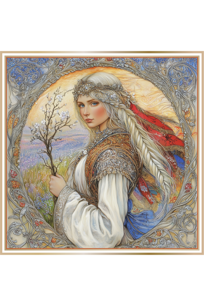 Mystical portrayal of Kostroma, Slavic goddess of spring, holding an oak branch, adorned in white with an intricate, nature-inspired background.