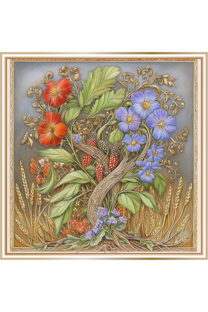 Symbolic image of Kostroma's spring and fertility, featuring an oak branch, colorful flowers, and golden wheat.