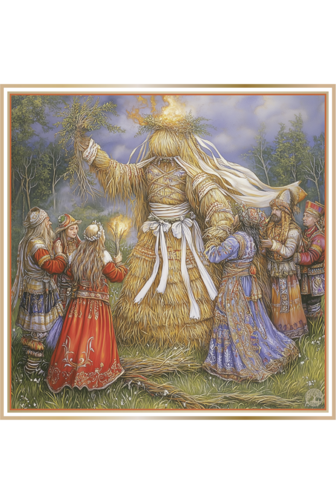 Villagers performing a ritual around a straw effigy of Kostroma, adorned with white ribbons and holding an oak branch.