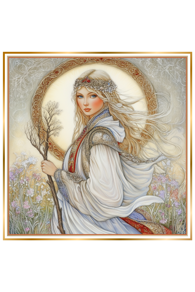 Mystical portrayal of Kostroma, Slavic goddess of spring, holding an oak branch, wearing white garments, with a glowing floral backdrop.