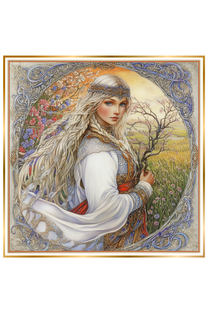 Mystical portrayal of Kostroma, the Slavic goddess of spring, holding an oak branch with a blooming floral and golden light background.