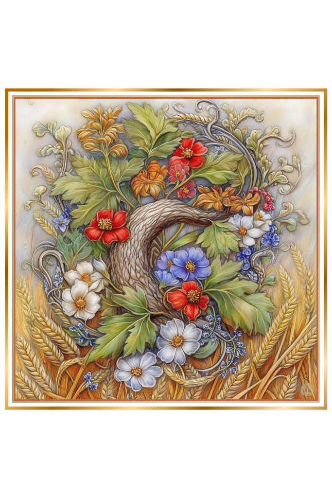 Symbolic representation of Kostroma's spring and fertility, featuring an oak branch, vibrant flowers, and golden wheat.