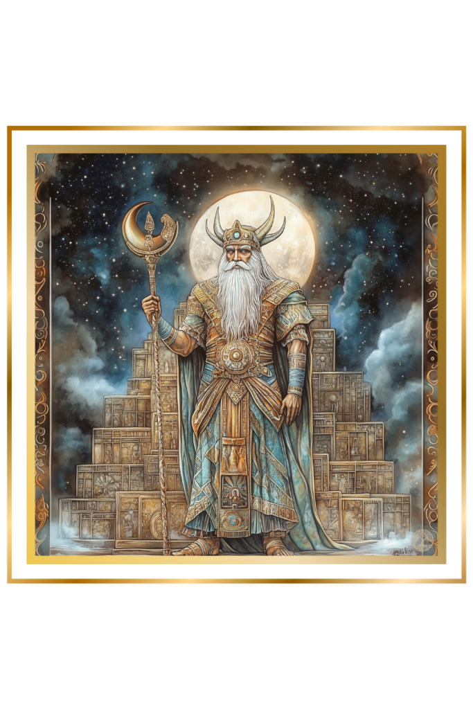 Nanna Sumerian god of the moon, standing before the ziggurat of Ur, holding a crescent-topped staff under a starry sky.